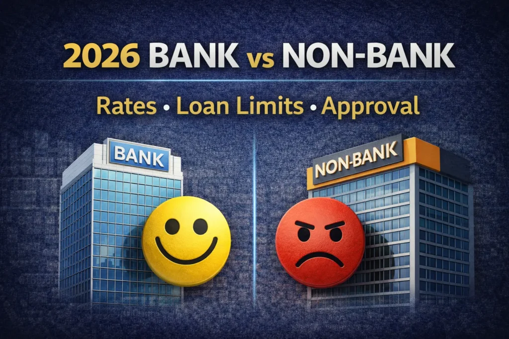 Comparison of bank vs non-bank loans in 2026 showing differences in rates, loan limits, and approval criteria