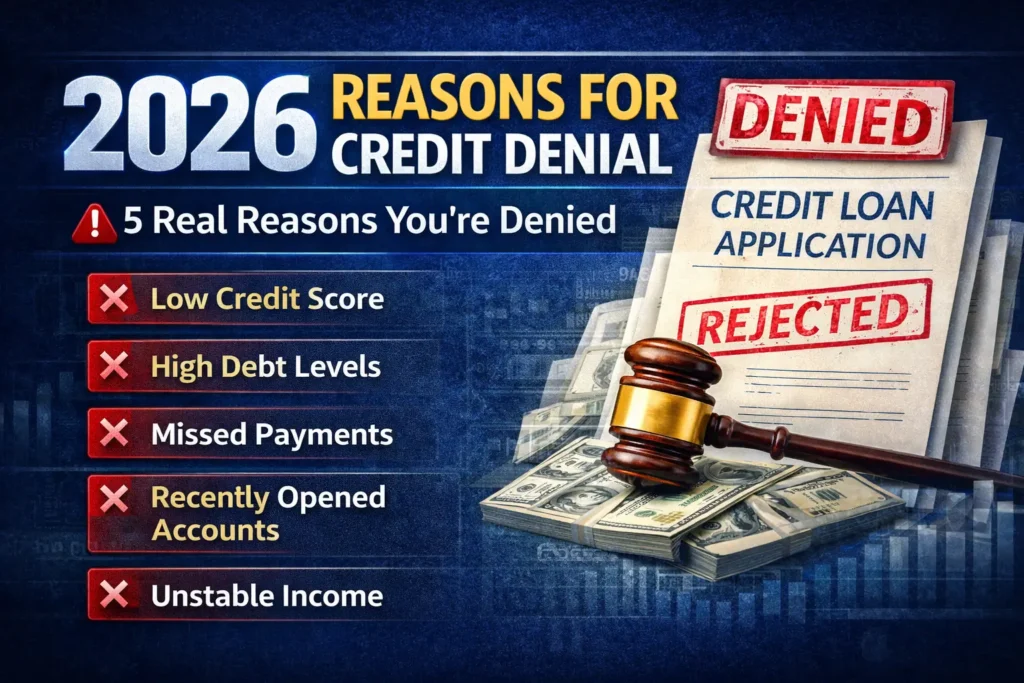 2026 credit loan denial reasons showing five real causes of rejection including low credit score and high debt