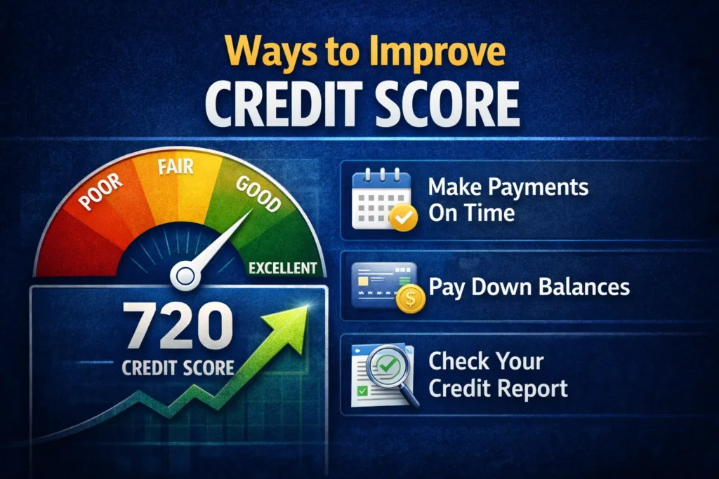 Ways to improve credit score fast including on-time payments, lowering balances and checking credit report
