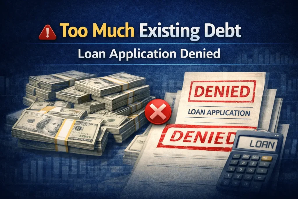 Loan denial due to too much existing debt showing rejected loan application and high debt burden