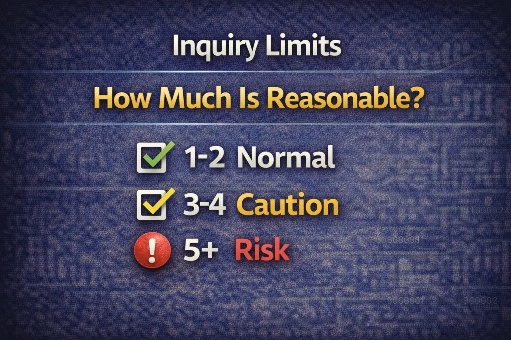 Loan inquiry count guideline showing 1-2 normal, 3-4 caution, and 5 or more high risk for credit impact