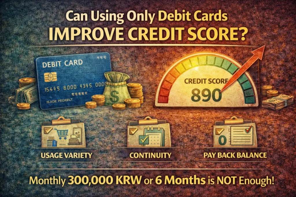 Can using only a debit card improve credit score and what conditions matter beyond monthly spending and duration