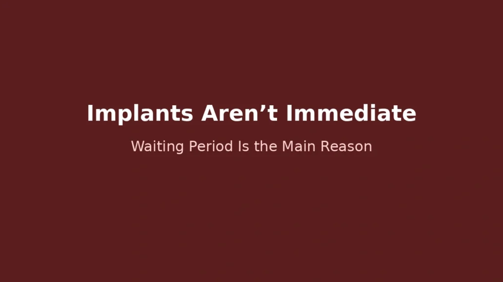 Implants are not immediate due to waiting period and insurance coverage limitations explained