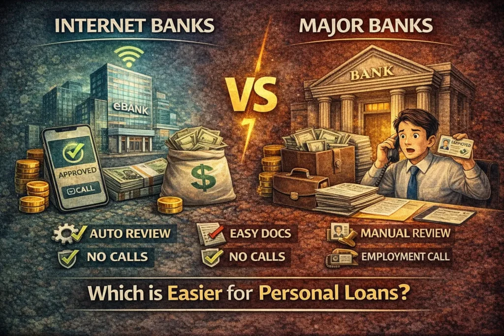 Internet bank vs traditional bank personal loan approval comparison including automated screening documents and employment verification