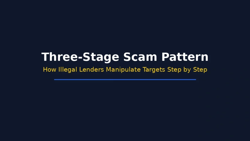 Three stage loan scam pattern showing how illegal lenders manipulate targets step by step