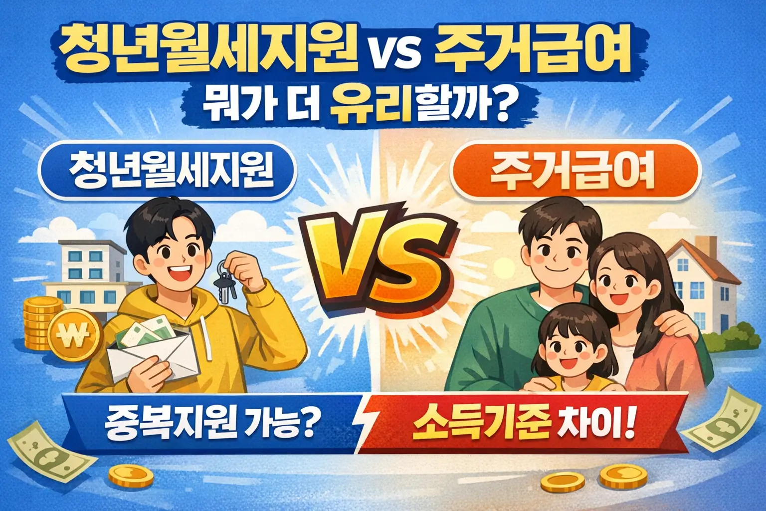 청년월세지원 vs 주거급여, 뭐가 더 유리할까? 중복지원·소득기준 차이 정리