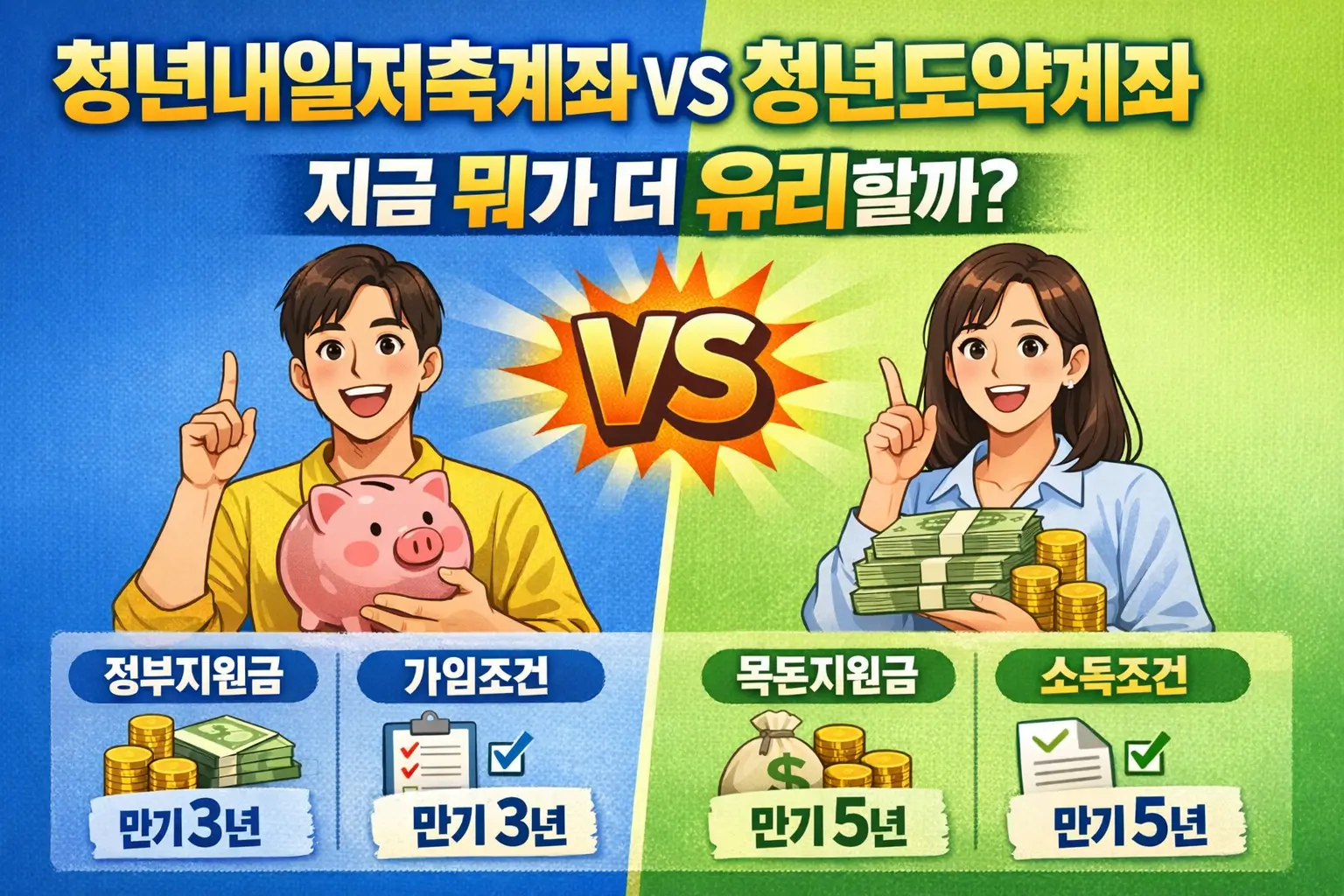청년내일저축계좌 vs 청년도약계좌, 지금 뭐가 더 유리할까? 지원금·가입조건·만기 차이 정리